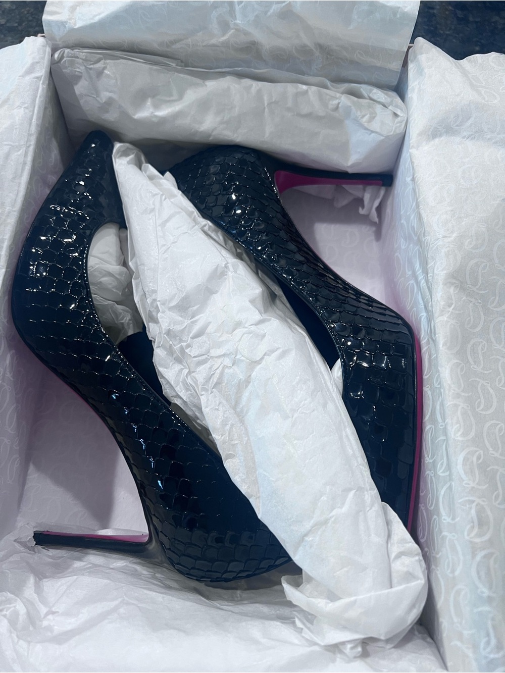 Christian Louboutin Black Croc-Embossed Patent Stilettos with Red Soles